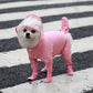 Pink four-leg pet raincoat with hood and covered paws, snap closures