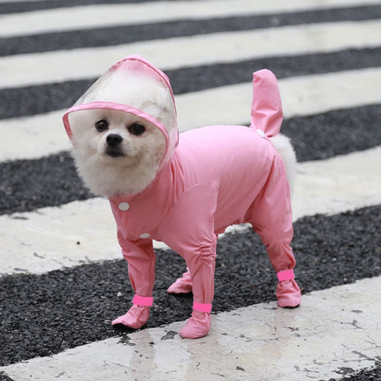 Pink four-leg pet raincoat with hood and covered paws, snap closures
