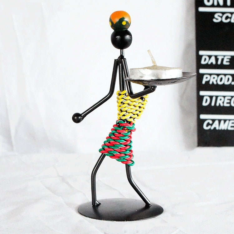 Man-shaped metal candleholder ornament with single tray, colorful coiled torso, base