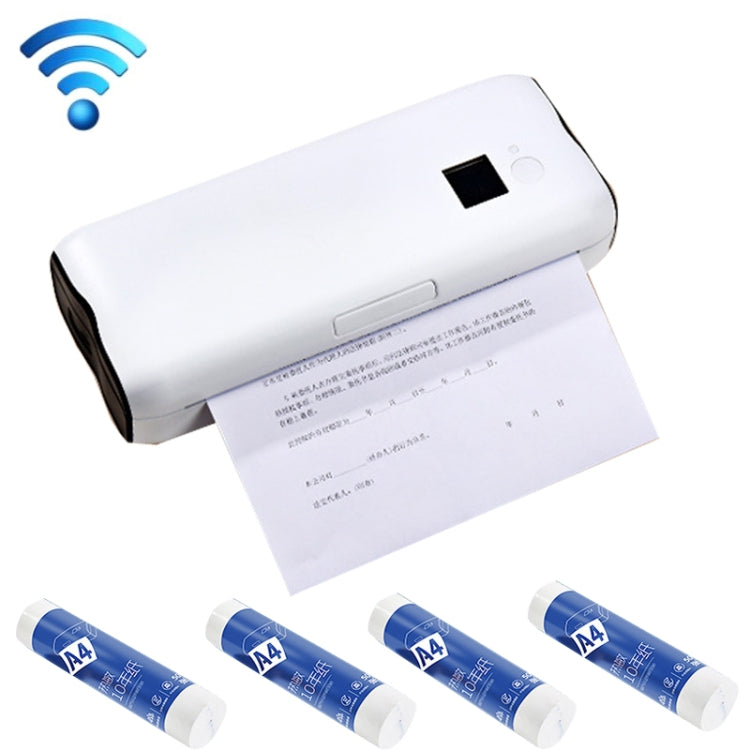 White wireless thermal printer with WiFi icon and four included A4 paper rolls