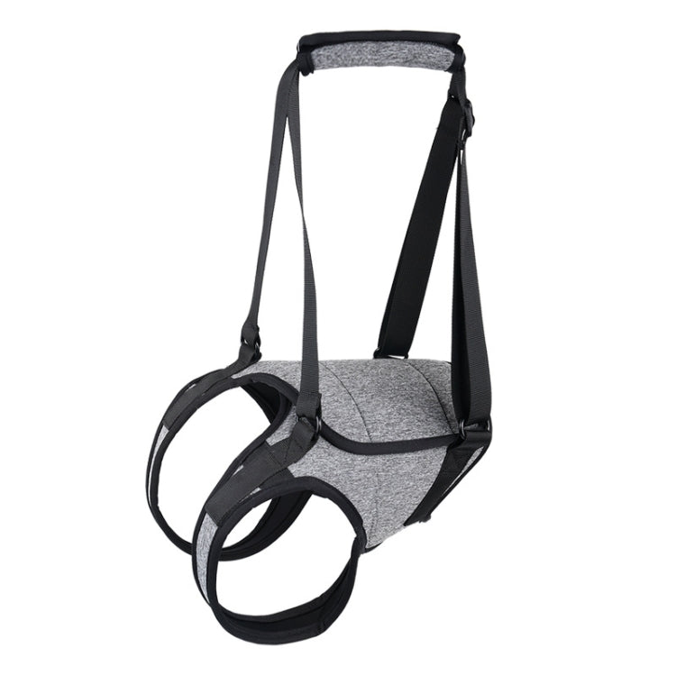 Dog hind-leg lifting harness with gray fabric pad and black support straps