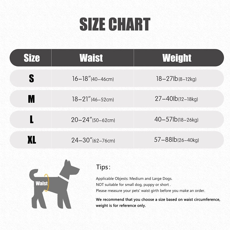 Size chart for dog hind-leg lifting harness with S, M, L waist and weight ranges