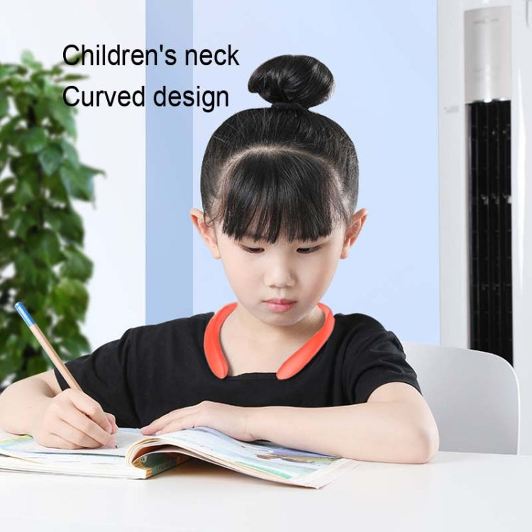 Orange neck posture corrector worn by child while writing, front view
