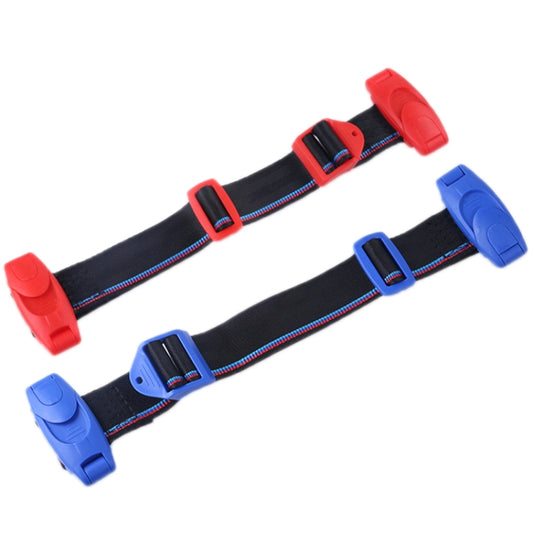 Car seat belt adjuster set with one red and one blue clip on black webbing