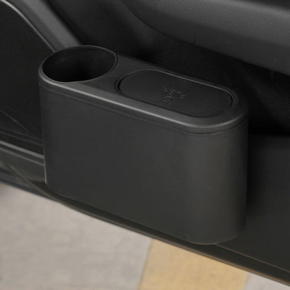 Car seat cup holder trash bin, black plastic with oval lid and cup opening