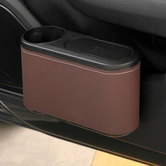 Car seat cup holder trash bin, brown plastic body with oval lid and cup opening