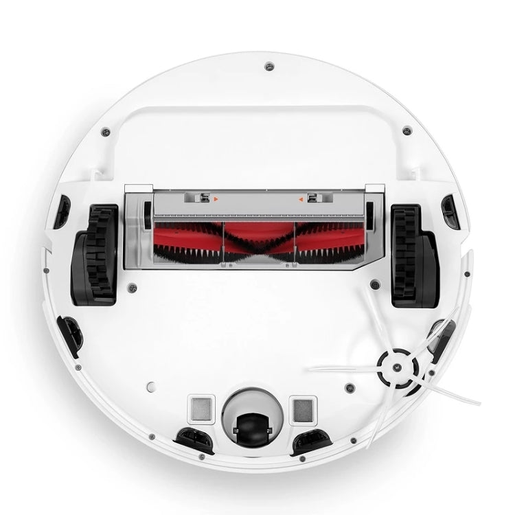 Main brush cover with red bristle roller visible on robot vacuum underside