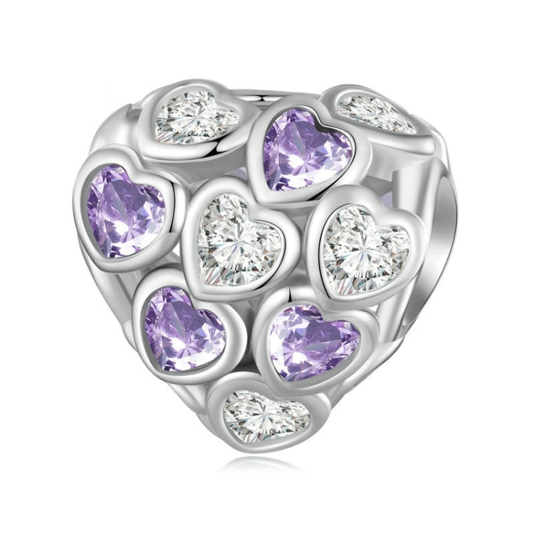 White gold plated silver bracelet with heart-shaped zirconia stones in purple and clear
