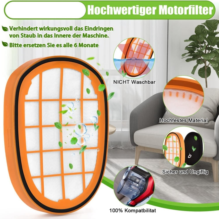 Orange-framed vacuum filter with white pleated media and matching black foam pad