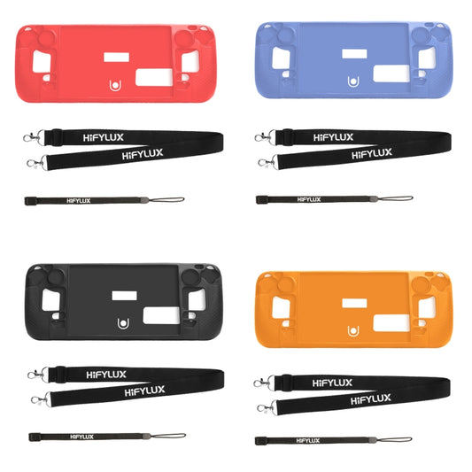 Set of silicone cases for Steam Deck in red, blue, black, and orange with straps
