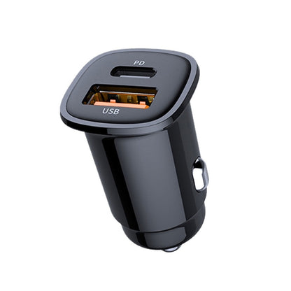 Black mini car USB charger with PD and USB ports, compact dual connector