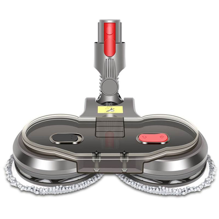 Gray mopping head attachment with two rotating microfiber pads and red control switch