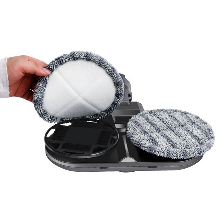 Vacuum mopping head with gray microfiber cleaning pad being attached by hand