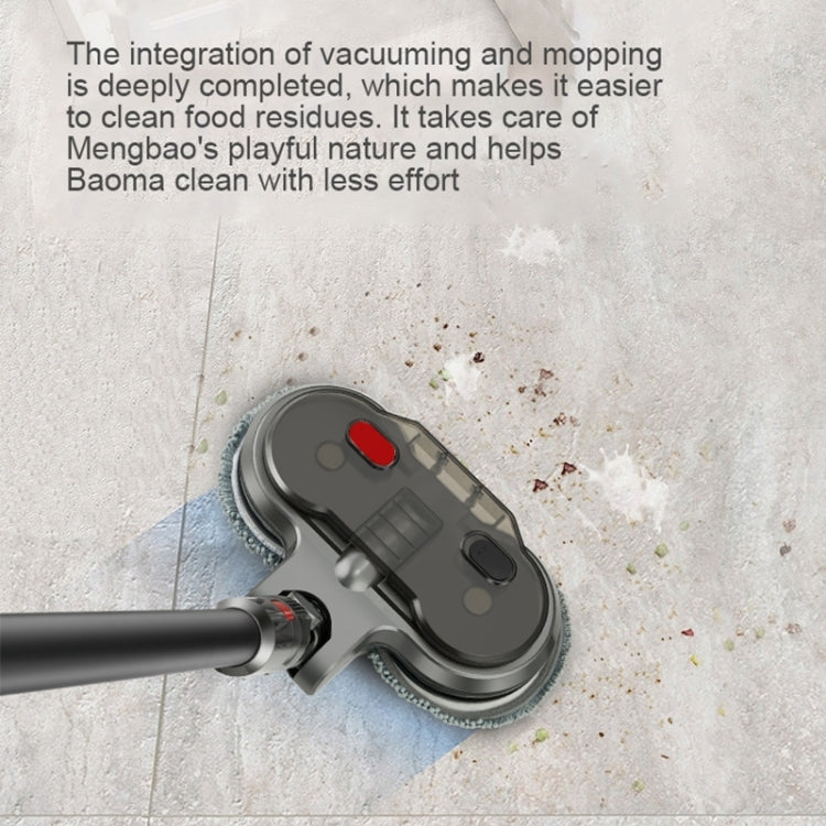 Gray vacuum mopping head attachment cleaning a tiled floor with microfiber pad