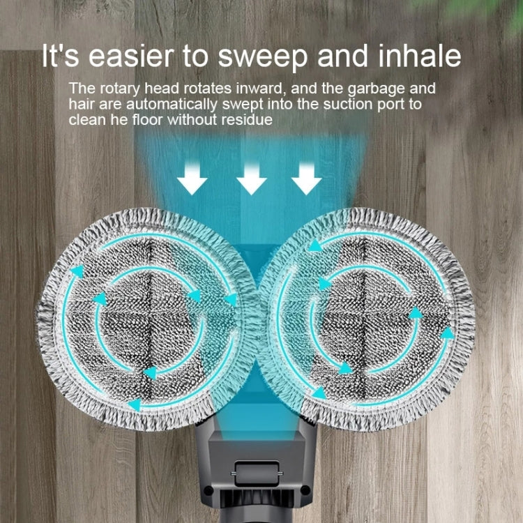 Vacuum mopping head with dual rotating microfiber pads and airflow direction arrows