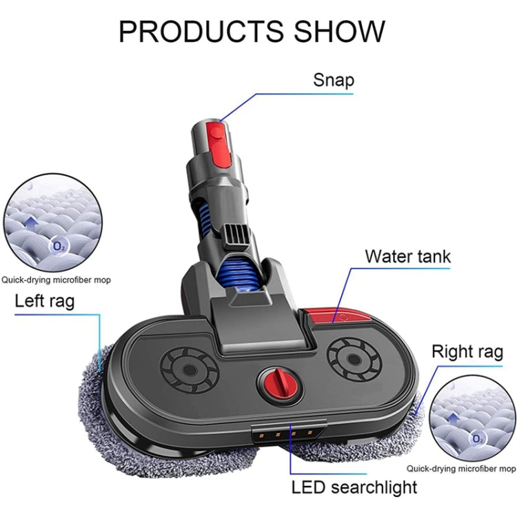 Electric mop head with built-in water tank and two side microfiber rags, labeled layout