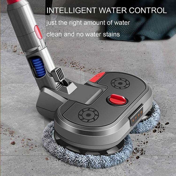 Electric mop head with microfiber pad and integrated water tank, gray housing and red button