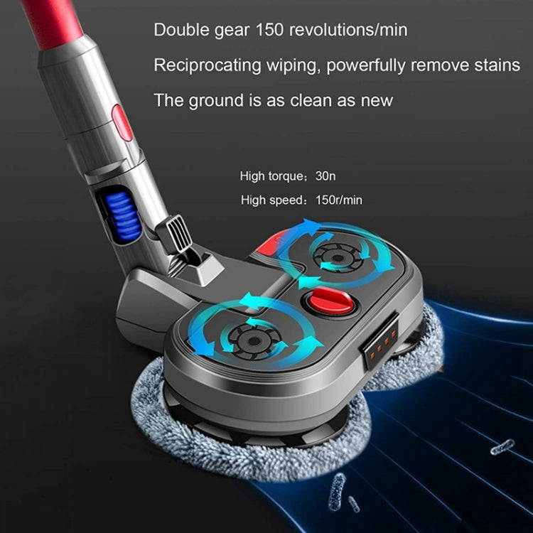 Electric rotating mop head with dual microfiber pads, blue motion airflow lines and red button