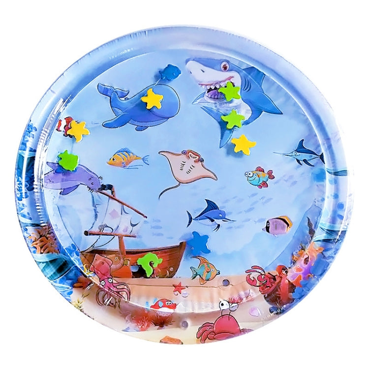 Inflatable shark-themed water play mat, round blue with colorful sea animals