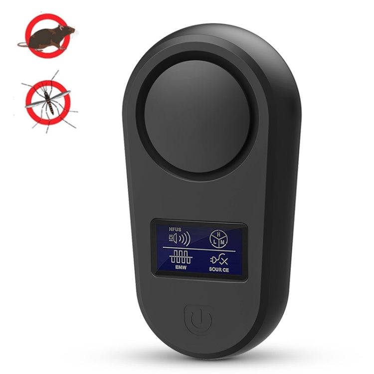 Black ultrasonic pest repellent with circular top and blue control display.