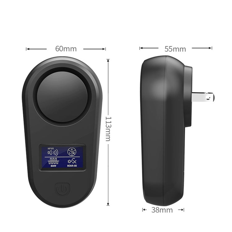 Black ultrasonic pest repellent with size measurements and side plug illustration.