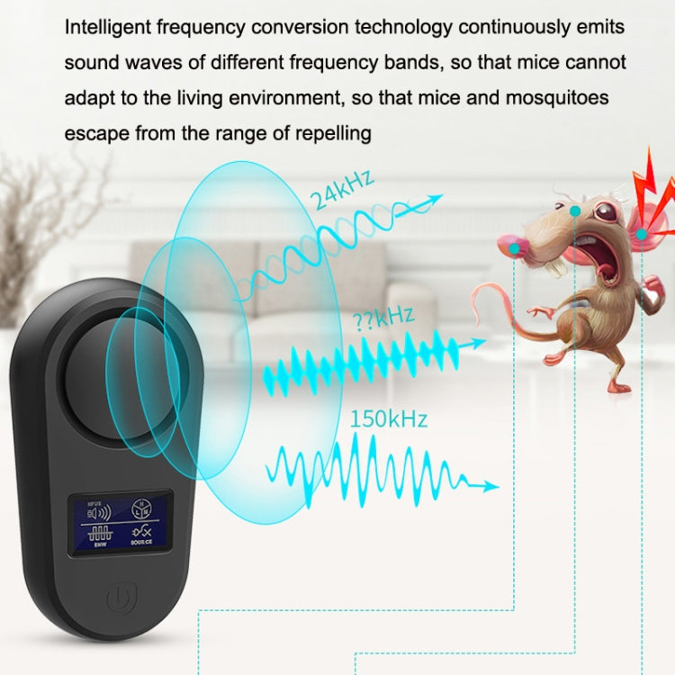 Black ultrasonic pest repellent plug-in device with front display and power button