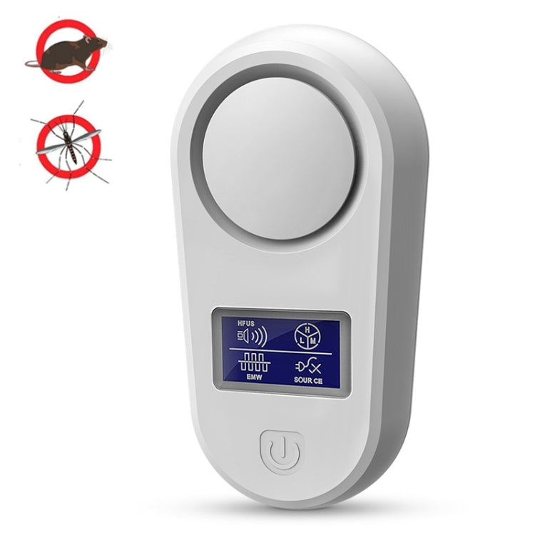 White ultrasonic pest repellent with rounded body, circular top, and blue controls.