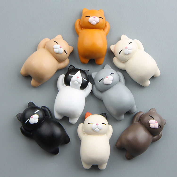 Cartoon cat resin fridge magnets set, assorted colors arranged in a cluster.