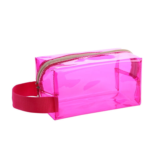 Pink translucent PVC waterproof cosmetic bag with zip top and fabric wrist strap.