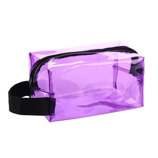 Purple translucent PVC waterproof cosmetic bag with zip top and fabric wrist strap.