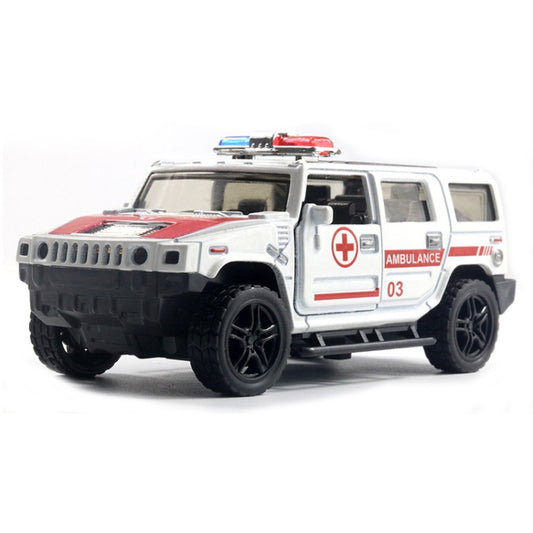 White off-road ambulance toy SUV with red emergency sign on the side and roof lights.
