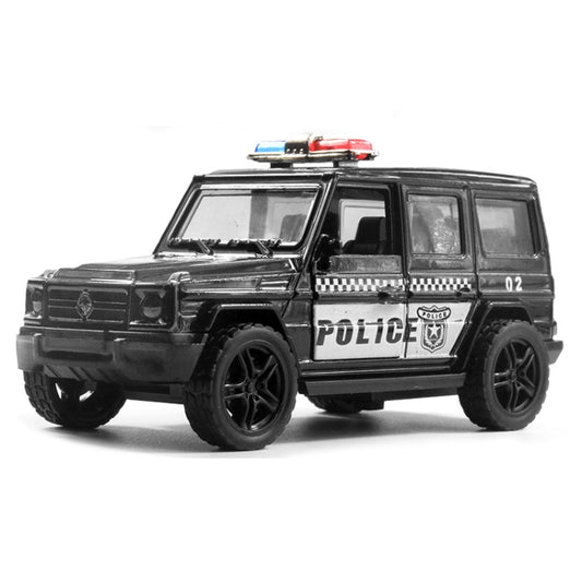 Black off-road police toy SUV with roof lights, push-opening doors, and front grille.