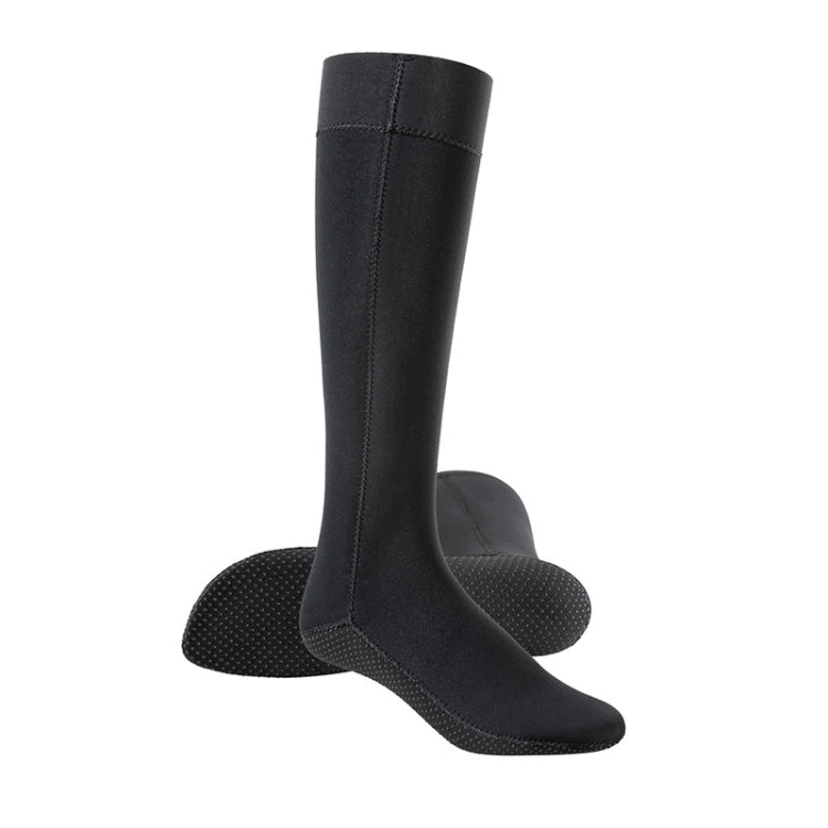 Single long black diving sock with textured non-slip sole on the flat foot