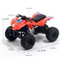 Orange and blue four-wheel off-road motorcycle toy with rubber tires and front suspension