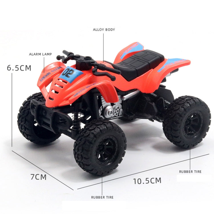 Orange and blue four-wheel off-road motorcycle toy with rubber tires and front suspension