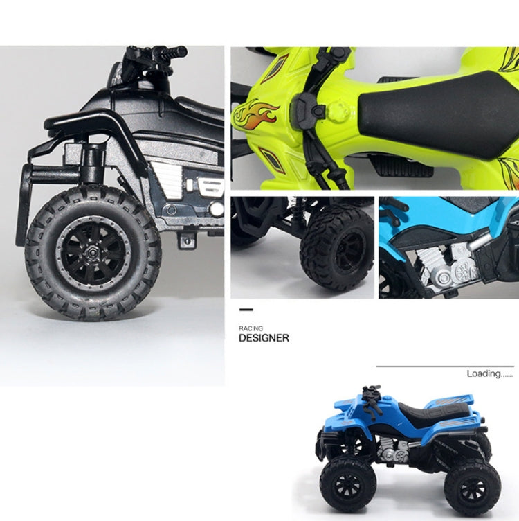 Four-wheel off-road motorcycle toy close-ups showing wheels, suspension, and side parts