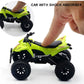 Green four-wheel off-road motorcycle toy model with shock-absorber wheels, held by hand