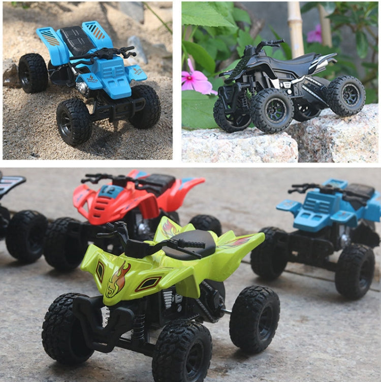 Four colorful four-wheel off-road motorcycle toy models shown outdoors on gravel