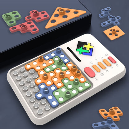 Electronic tangram puzzle game with light-up button grid and colored pieces