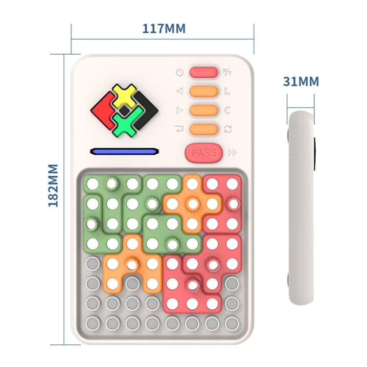 Electronic tangram puzzle game diagram with button panel and side handle