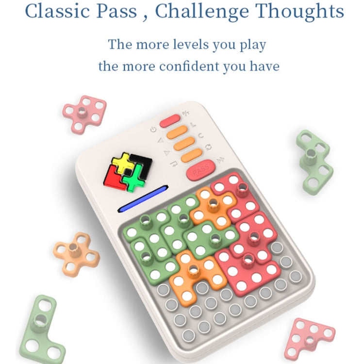 Electronic tangram puzzle game with colored puzzle pieces and button grid