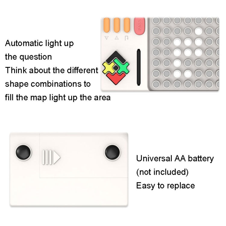 Electronic tangram puzzle game with top light-up indicator and underside battery slot