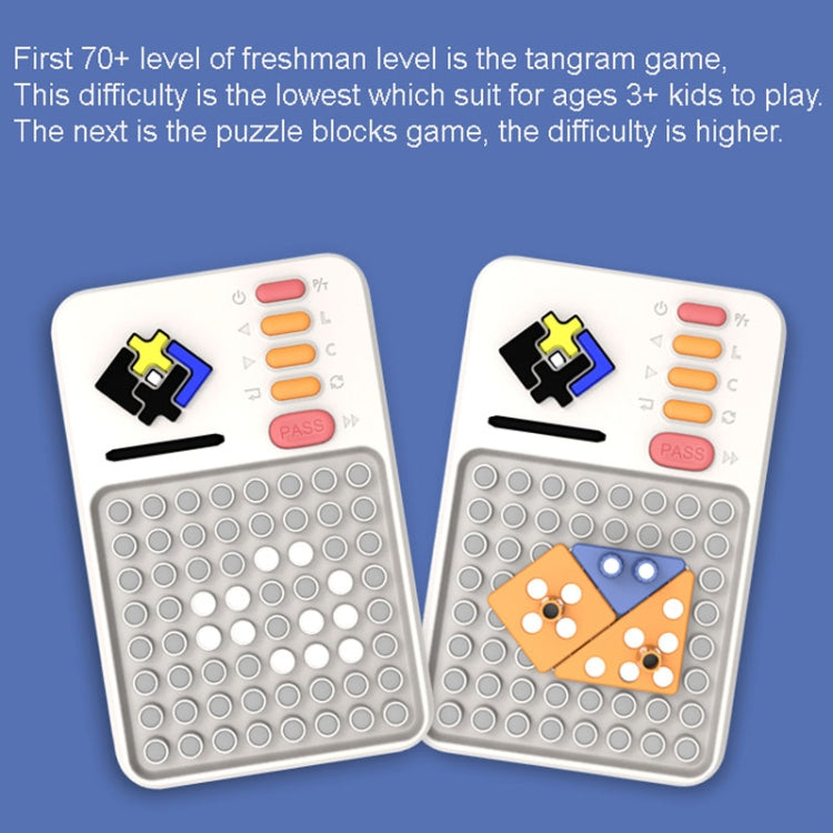 Electronic tangram puzzle game with two difficulty levels and colored light indicators