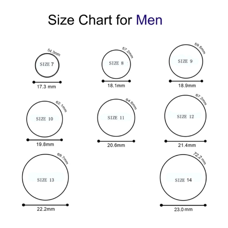 Men's ring size chart with size numbers and millimeter measurements