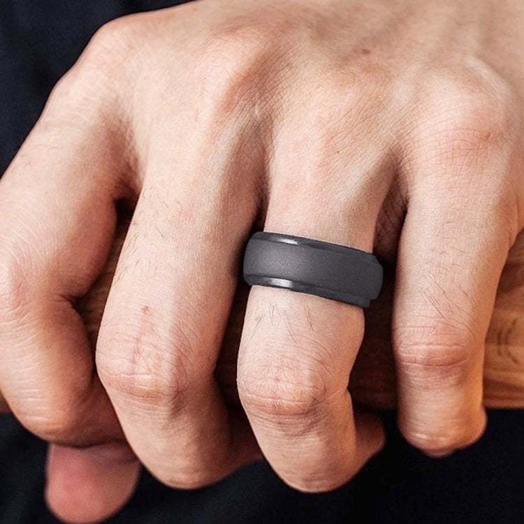 8mm curved radian step silicone ring on finger, charcoal gray matte band