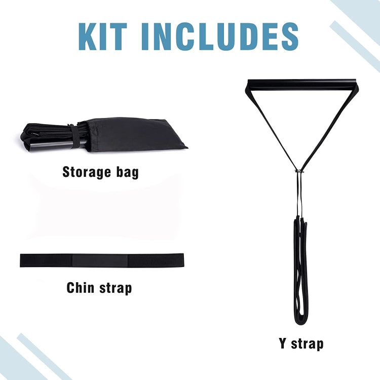 Spine traction tool kit with black storage bag, chin strap, and Y-strap