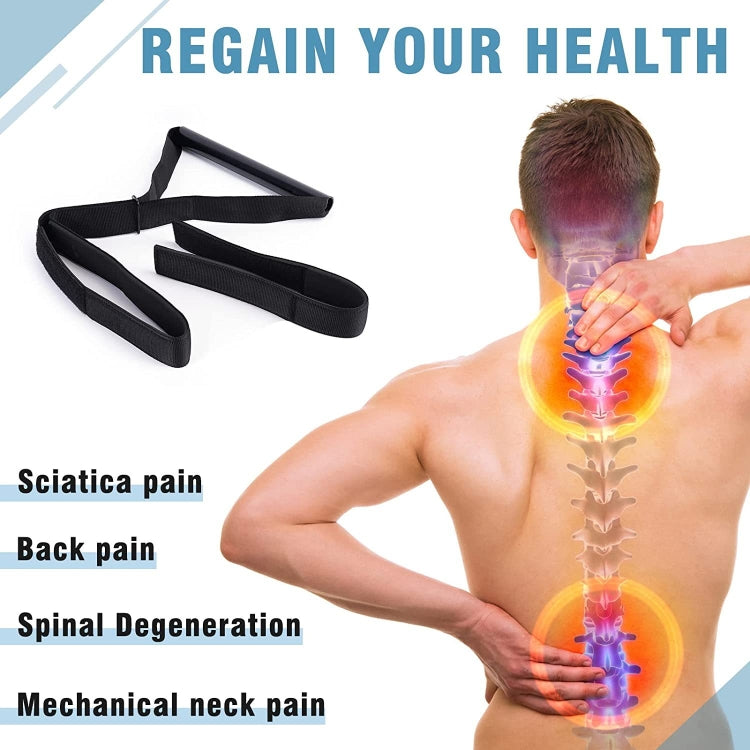 Black Y-strap spine traction device with chin strap and attached storage bag