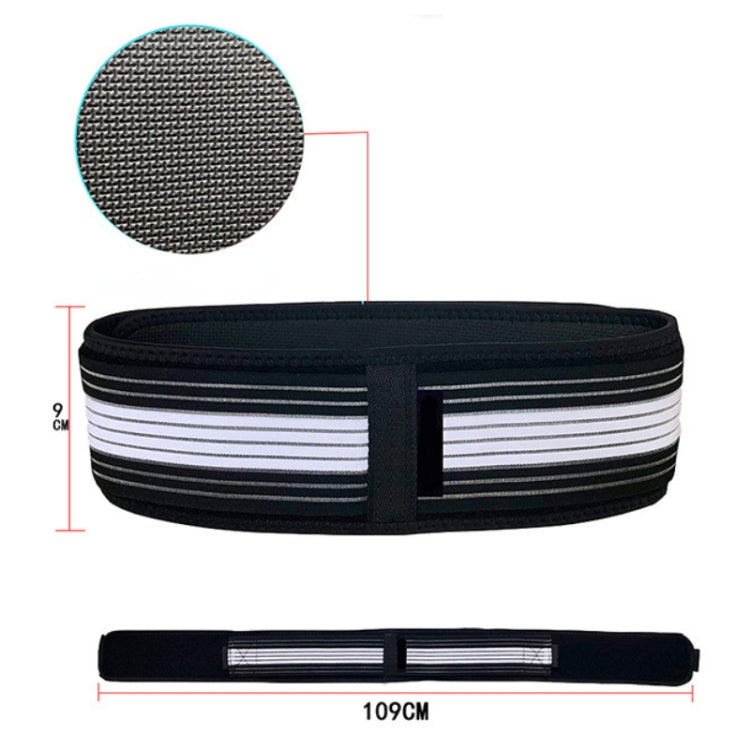 Elastic pelvic correction belt with striped panels; size shown 109 cm and side width 9 cm