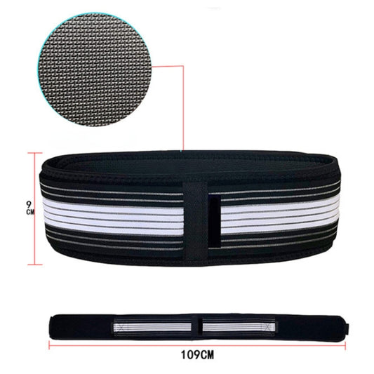 Elastic pelvic correction belt with striped panels; size shown 109 cm and side width 9 cm