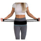Pelvic correction belt worn over grey leggings; striped band centered at the hips